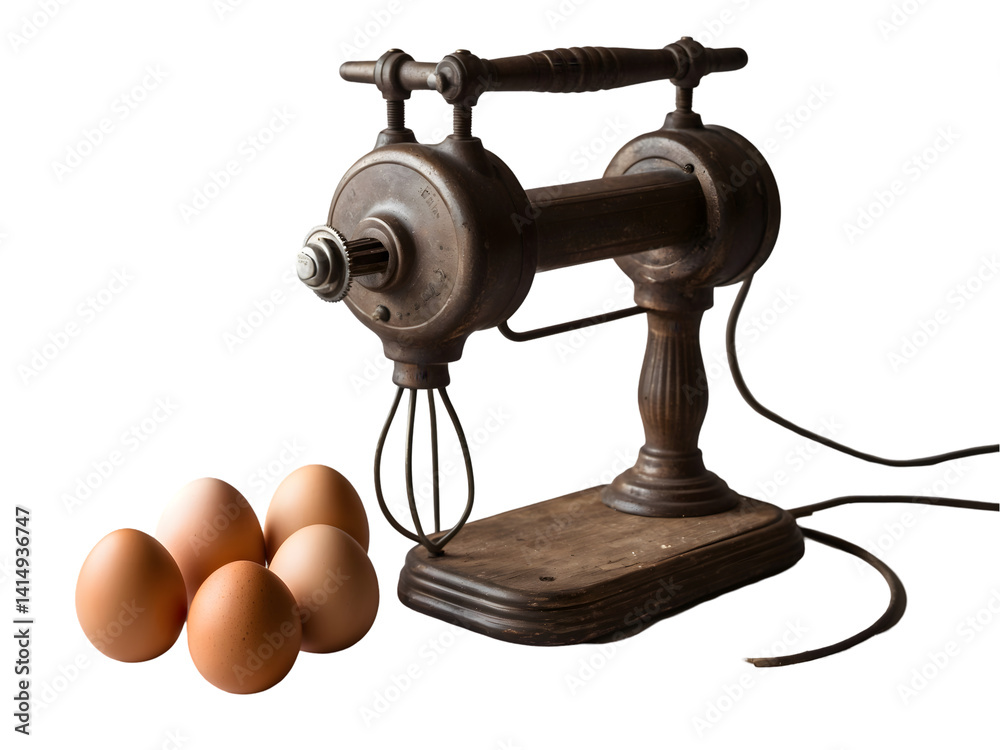 Nostalgic Still Life, Antique Hand Crank Egg Beater with Fresh Eggs Showcasing Rustic Charm and Vintage Kitchenware Detailing, Perfect for Culinary Themes