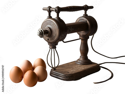Obraz na płótnie Nostalgic Still Life, Antique Hand Crank Egg Beater with Fresh Eggs Showcasing Rustic Charm and Vintage Kitchenware Detailing, Perfect for Culinary Themes w salonie
