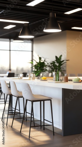 Casual lunch with colleagues around counter bar in open space, 3D illustration