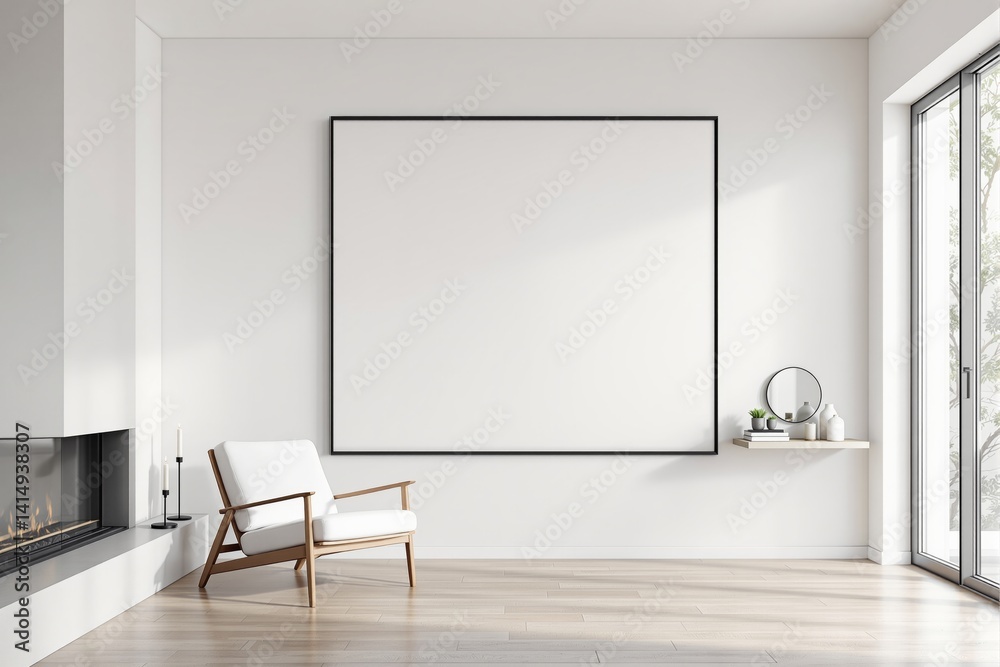 Blank square frame on white wall in modern interior with armchair, fireplace, side shelf, and daylight. Clean layout for presentation or design mockup. Ai generative