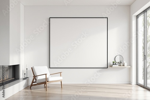 Obraz na płótnie Blank square frame on white wall in modern interior with armchair, fireplace, side shelf, and daylight. Clean layout for presentation or design mockup. Ai generative w salonie