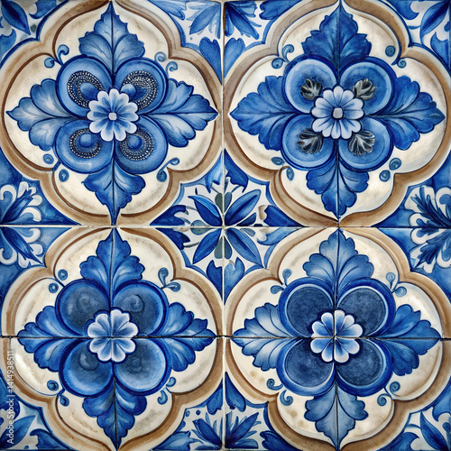 Traditional Portuguese azulejo tile pattern in blue and white tones. Intricate floral and ornamental design, perfect for backgrounds, kitchen decor, or Mediterranean-themed projects.