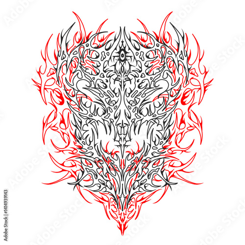 dark symmetrical neo tribal design representing a powerful infernal essence. Part sigil, part spirit. this artwork radiates chaos and mysticism, forged in red and black