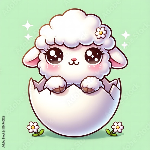 Adorable baby lamb with big sparkling eyes hatching from a cracked egg shell, set against a soft green background with daisies, symbolizing new life and springtime innocence