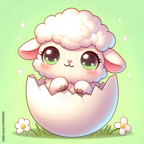 Adorable baby lamb with big sparkling eyes hatching from a cracked egg shell, set against a soft green background with daisies, symbolizing new life and springtime innocence