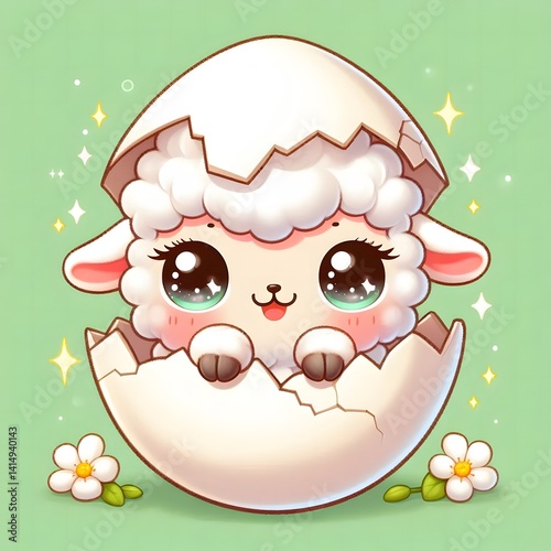 Adorable baby lamb with big sparkling eyes hatching from a cracked egg shell, set against a soft green background with daisies, symbolizing new life and springtime innocence