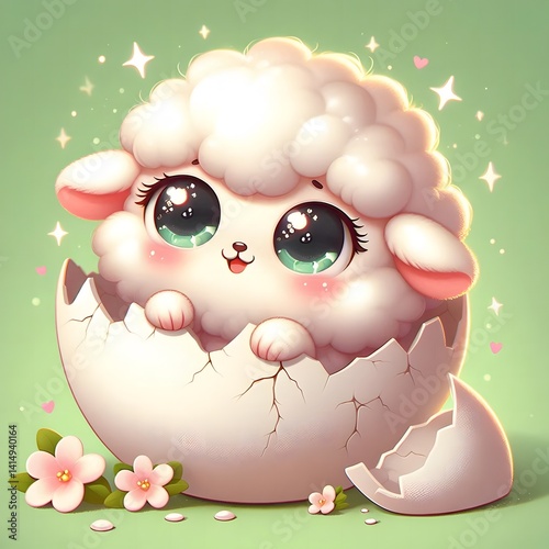 Adorable baby lamb with big sparkling eyes hatching from a cracked egg shell, set against a soft green background with daisies, symbolizing new life and springtime innocence