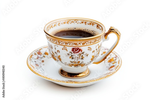 Elegant vintage teacup with intricate floral patterns sitting on a delicate saucer