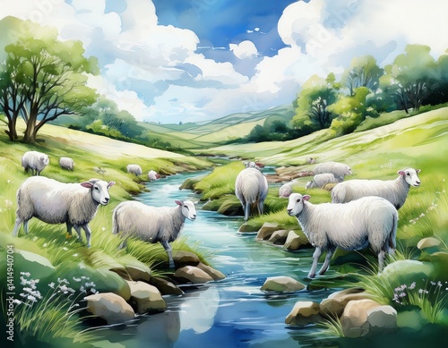 A soft watercolor composition of lambs lying in green pastures, while still waters wind peacefully nearby, blending into the quiet horizon.