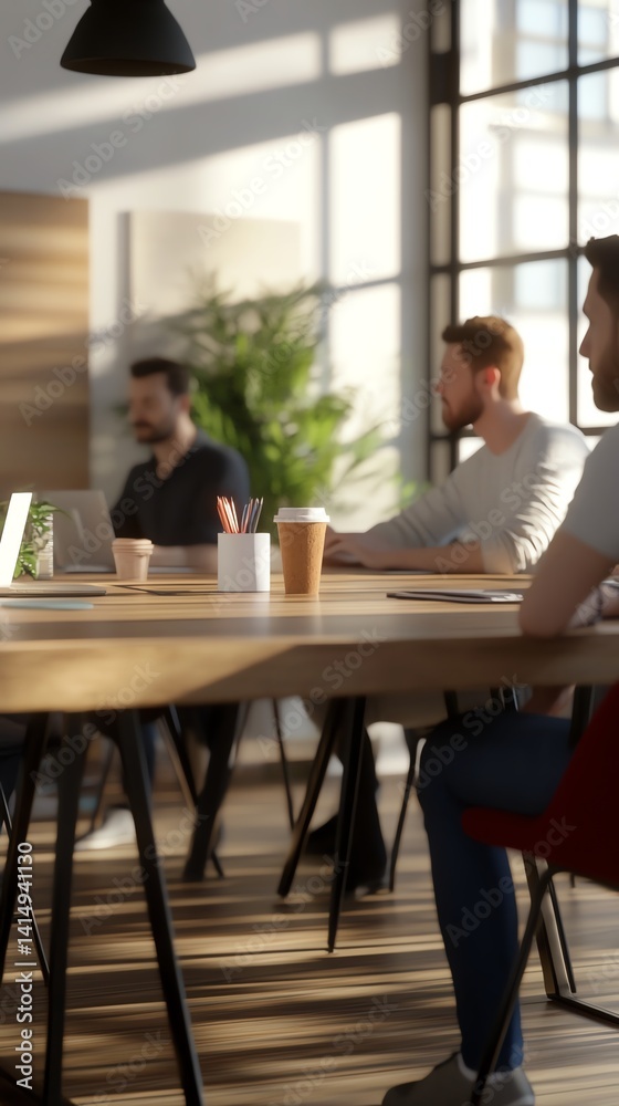 Coworkers around breakfast bar during lunch hour, tech workspace, 3D illustration Coworkers around breakfast bar during lunch hour, tech workspace, 3D illustration