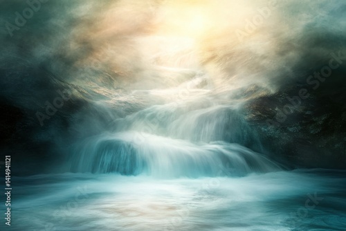 Radiant streams fold surreal mist across the painted background texture