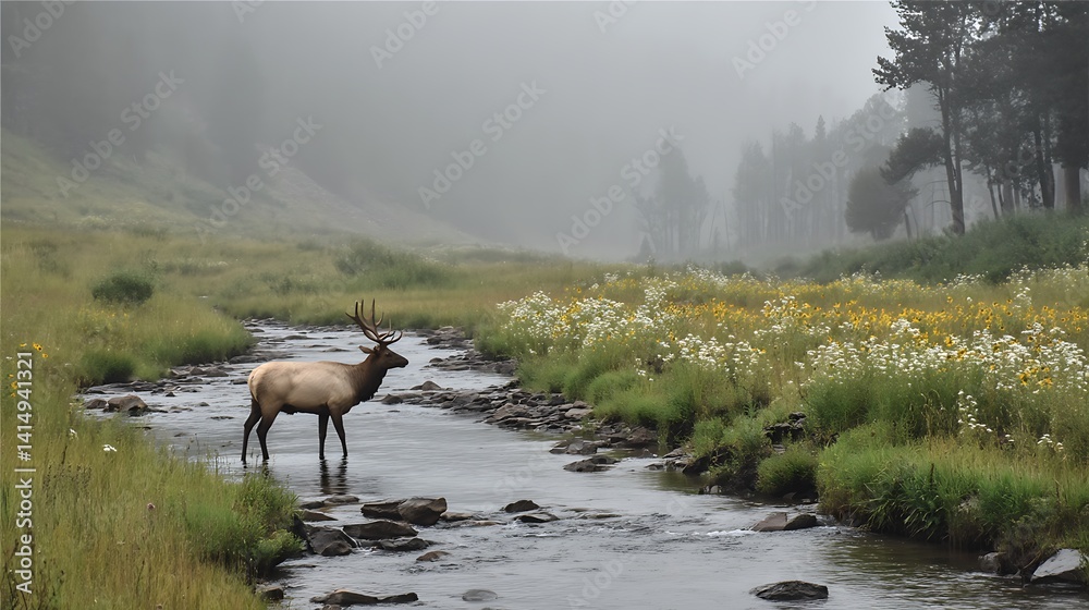 Naklejka premium Elk by a misty stream