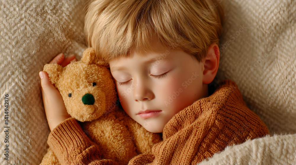 Peaceful Toddler Boy Sleeping with Teddy Bear in Soft Lighting