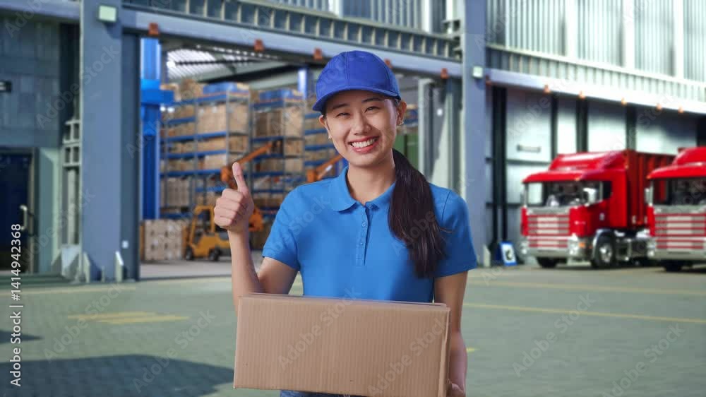 Asian Female Courier In Blue Uniform Showing Thumbs Up Gesture And Smiling While Delivering A Carton, Outside Warehouse Asian Female Courier In Blue Uniform Showing Thumbs Up Gesture And Smiling While Delivering A Carton, Outside Warehouse