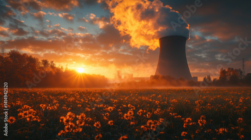 Early morning mist shrouded the nuclear power plant, the top of the huge cooling tower was half covered by the fog, hidden, rolling white smoke from the fog rose, like a giant beast in the breath