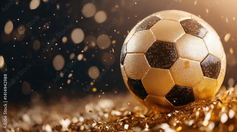 Fototapeta premium Golden football trophy shines brightly, showcasing the triumph of dedicated athletes in a prestigious competition