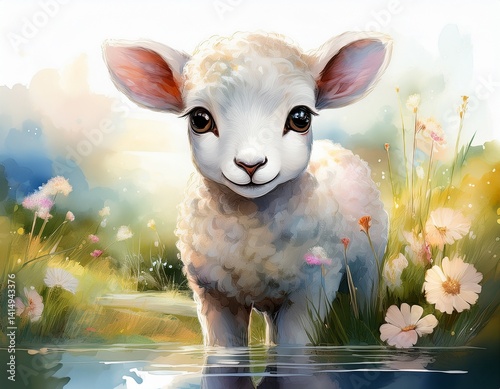 A small white lamb standing by the water’s edge in a watercolor meadow, with soft florals and light dappling across the grass.