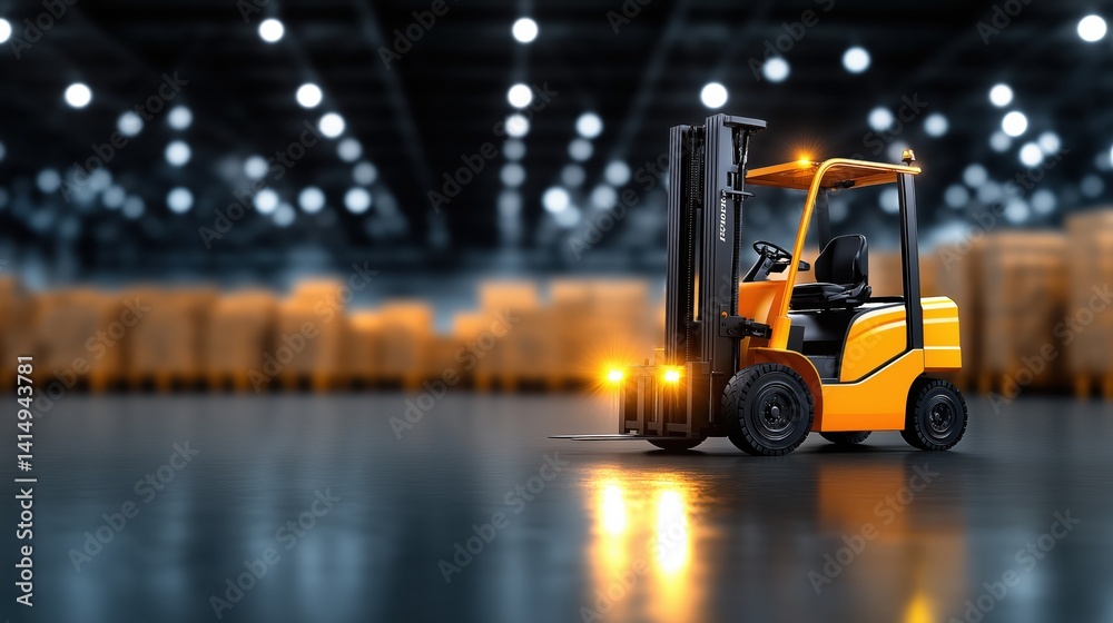 Modern spacious warehouse with electric forklift preparing for cargo loading in a well-lit setting