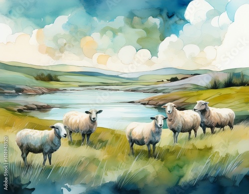 An abstract watercolor of sheep silhouettes against peaceful waters and sweeping fields, with muted tones of green, blue, and ivory.