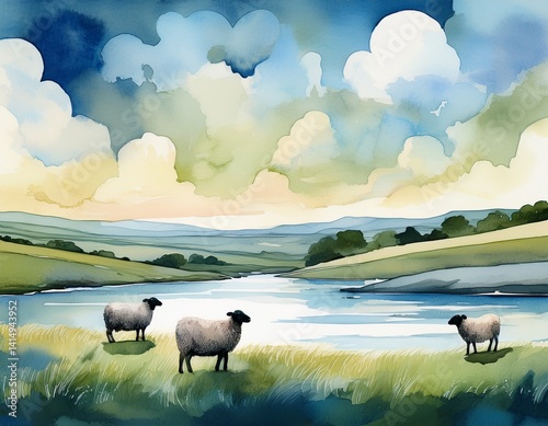An abstract watercolor of sheep silhouettes against peaceful waters and sweeping fields, with muted tones of green, blue, and ivory.