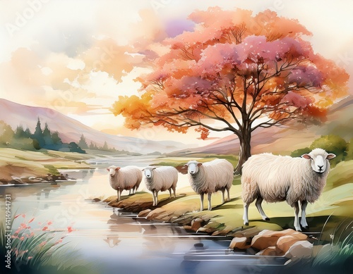 A gentle watercolor image of sheep under a tree beside still waters, their white wool softly blending into the warm pastel scenery.