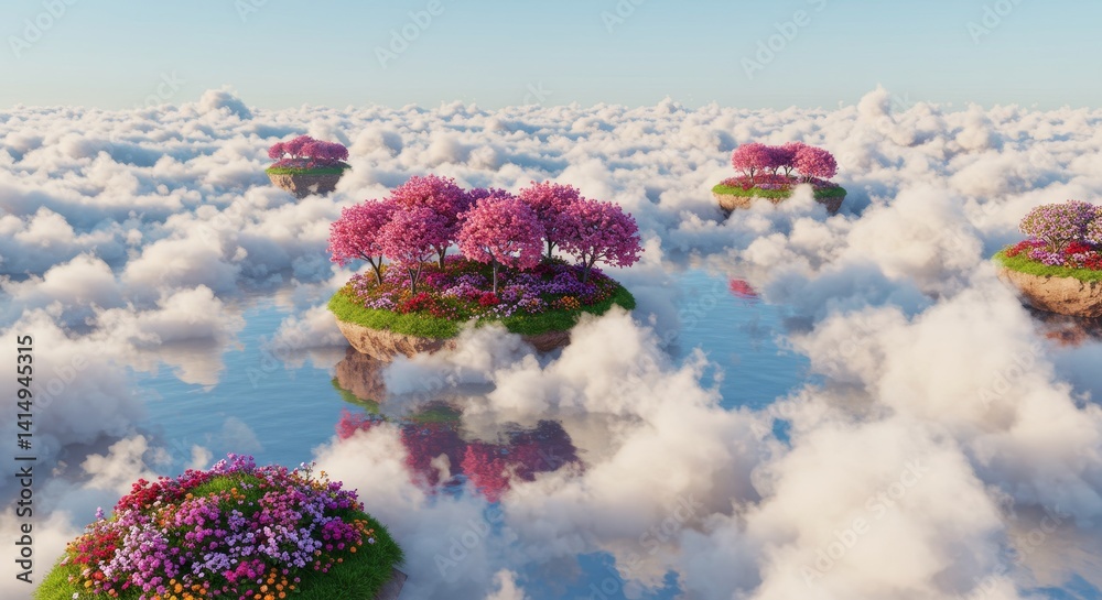 Fototapeta premium Floating Islands of Spring Blossoms - Serene of whimsical islands adorned with vibrant pink blossoms, floating amidst a sea of clouds. A dreamy, peaceful scene