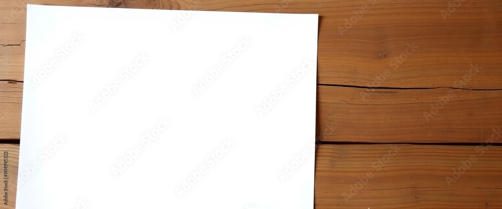 Naklejka premium Blank white paper on rustic wooden table, ample copy space, note, background
