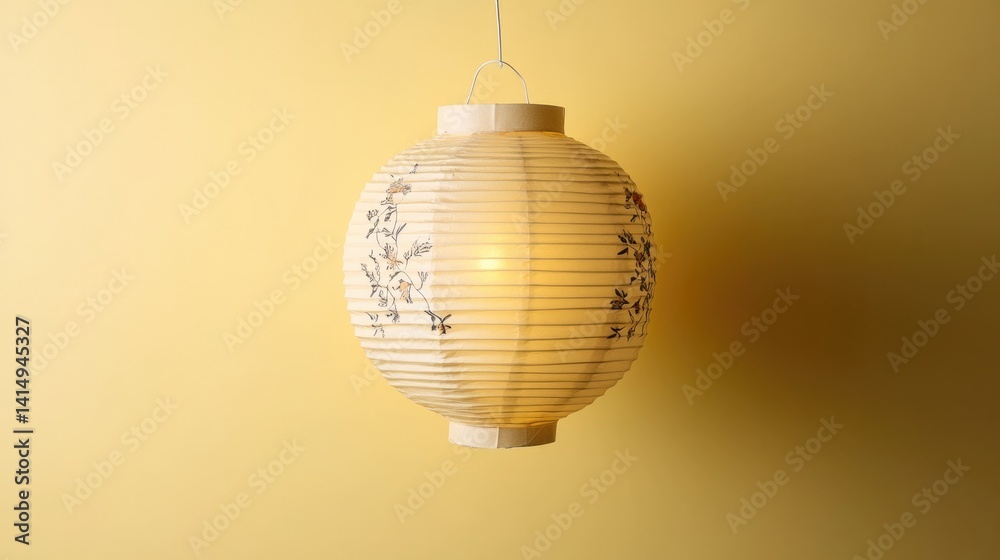 Fototapeta premium Elegant paper lantern softly illuminating warm yellow background