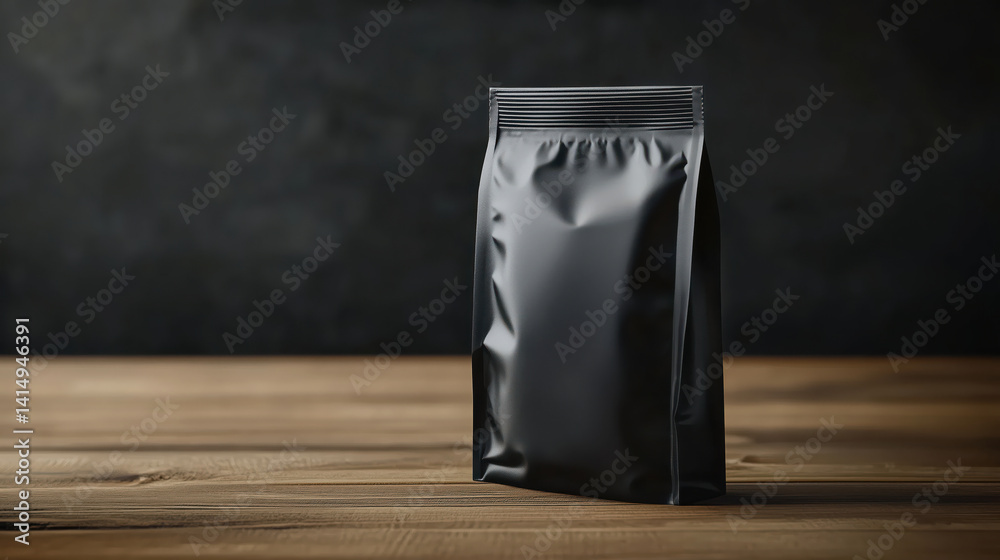 Black bag for food mockup on a wooden table. The bag is empty and has a shiny, plastic-like appearance.