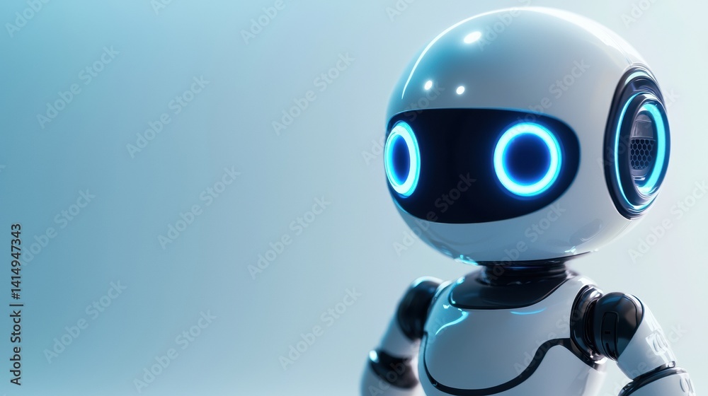 Sleek white robot illuminating blue eyes on soft bluepurple gradient Sleek white robot illuminating blue eyes on soft bluepurple gradient