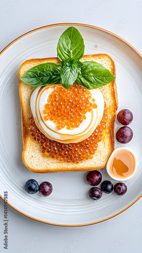 A refined culinary scene featuring gourmet caviar on toasted bread, served with a small cup of espresso, perfect for a luxurious breakfast moment.