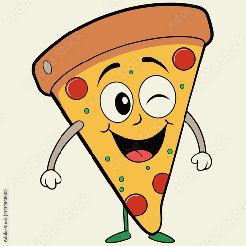 Cheeky smiling pizza slice with a wink and grin – fun and playful cartoon food illustration.