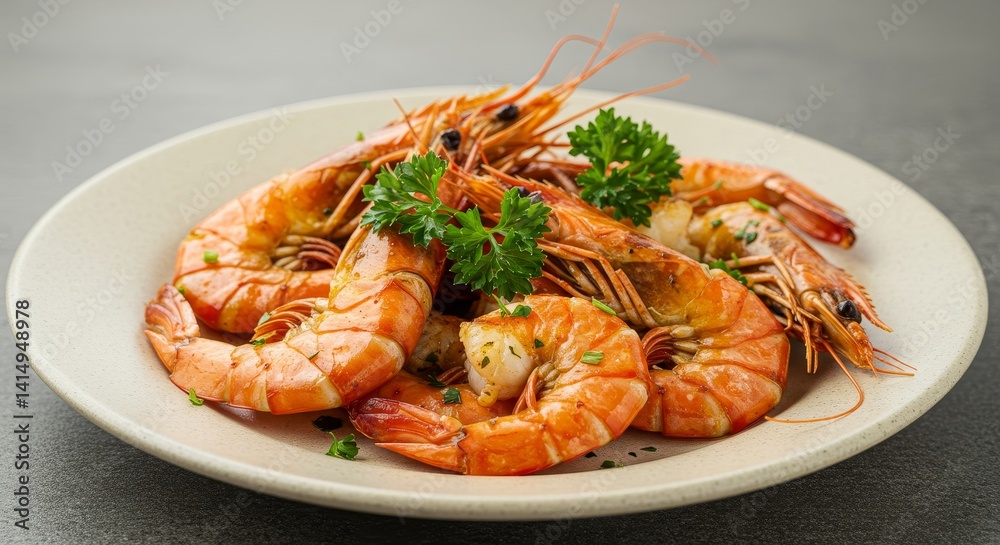 Grilled Shrimp and Parsley Delight - Succulent grilled shrimp, seasoned to perfection, artfully arranged on a plate and garnished with fresh parsley. A culinary masterpiece symbolizing freshness Grilled Shrimp and Parsley Delight - Succulent grilled shrimp, seasoned to perfection, artfully arranged on a plate and garnished with fresh parsley. A culinary masterpiece symbolizing freshness