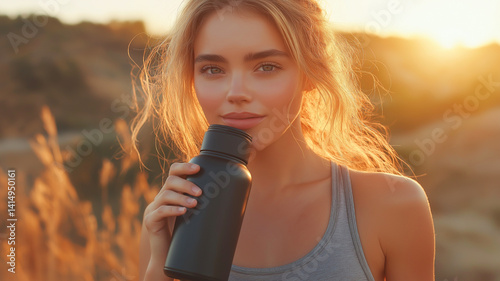 Young woman drinks from a water bottle at sunset after workout, glowing with health and energy in a golden field.