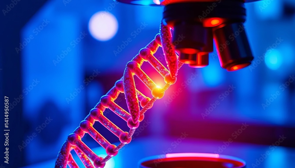 © DITSARAPHAN - Blue light illuminates a DNA helix model under a microscope, light, double helix