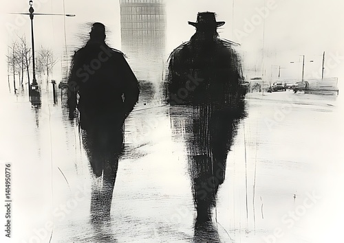 Rainy City Walkers Silhouette