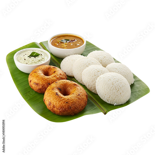 Idli and vada with sambar and chutney in a banana leaf isolated on a transparent background 