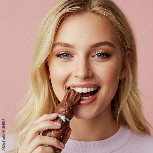 Playful blonde girl bites a chocolate bunny with a mischievous smile, bathed in bright premium Easter light, turned three-quarters, shoulders bare.