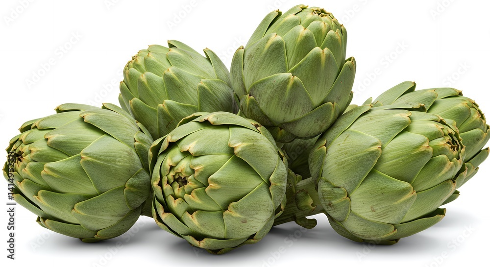 Fototapeta premium Close-up of fresh green artichokes piled together on a white background for food and health.
