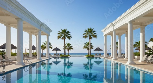 Luxurious Resort Pool and Ocean View - Stunning view of a resort s infinity pool  white columns  palm trees  and ocean backdrop. Tranquil and inviting