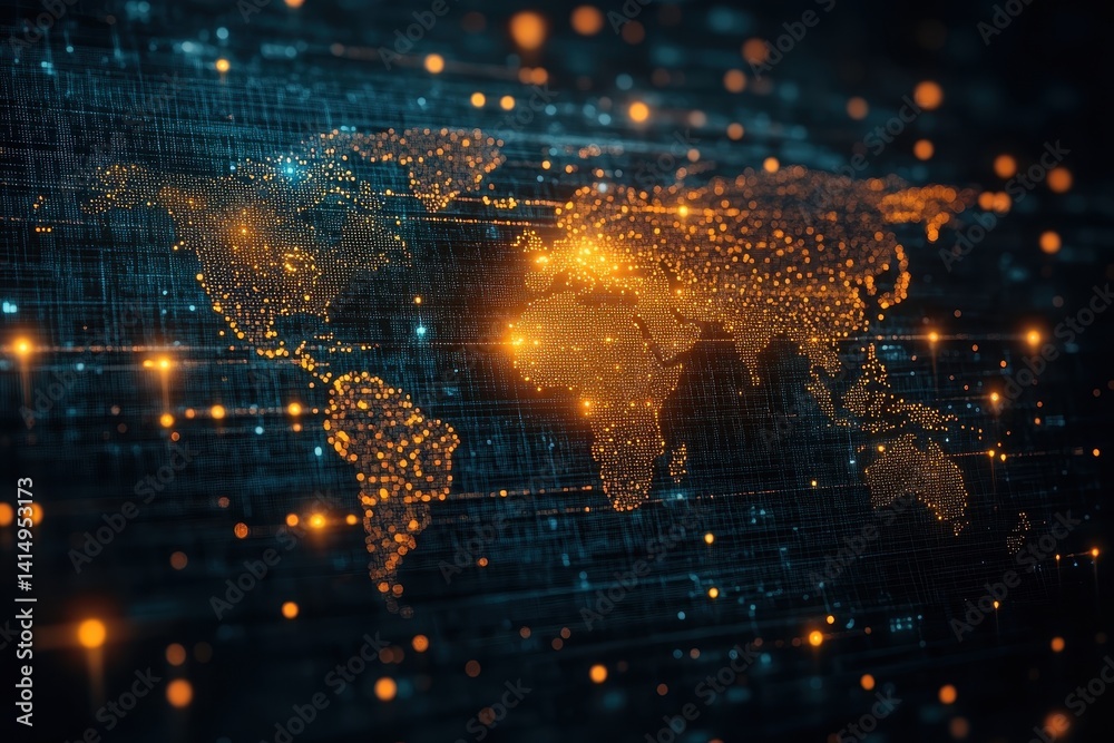 Global network visualization with bright dots representing major cities and connections across continents at night Global network visualization with bright dots representing major cities and connections across continents at night