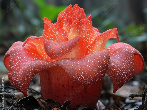 A vibrant orange and red fungus growing amongst forest detritus