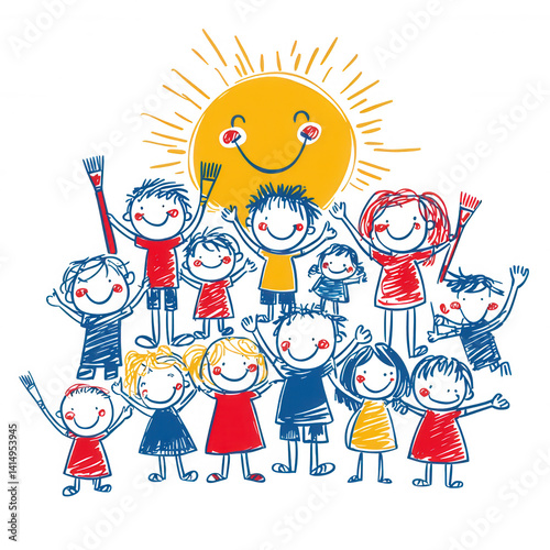 A cheerful group of diverse children celebrating together under a bright sun, showcasing joy and togetherness, perfect for conveying happiness in educational material.