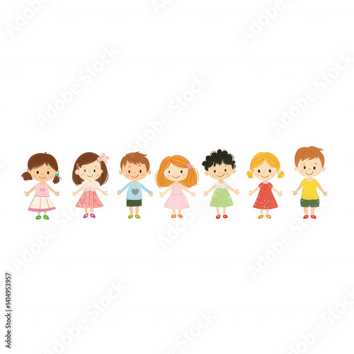 A cheerful group of diverse children standing together in a line, smiling and expressing joy. Each child wears different colorful outfits, showcasing diversity and friendship.