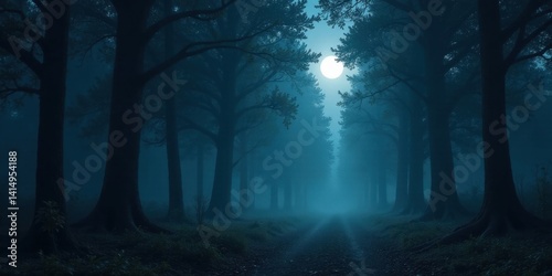 Serene Moonlight Path Through a Mystical Fog-Shrouded Forest at Night