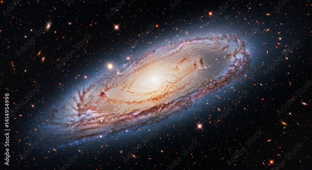 Naklejka premium Majestic Spiral Galaxy in Deep Space - A stunning view of a spiral galaxy amidst a field of distant stars, showcasing vibrant colors and intricate details