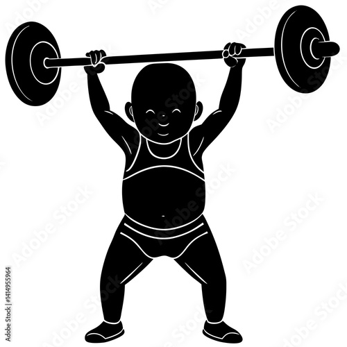 Line art vector silhouette of a baby performing a clean and jerk, with the barbell being lifted above the head