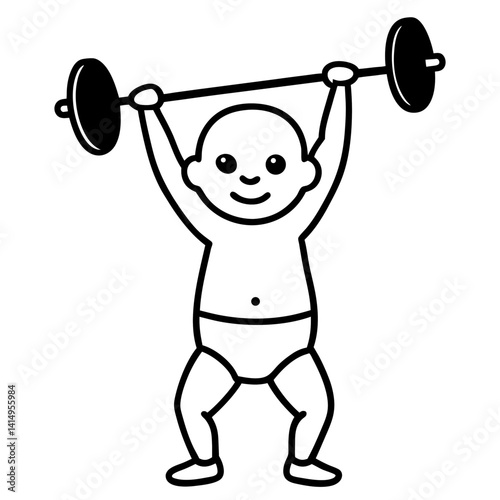 Line art vector silhouette of a baby performing a clean and jerk, with the barbell being lifted above the head