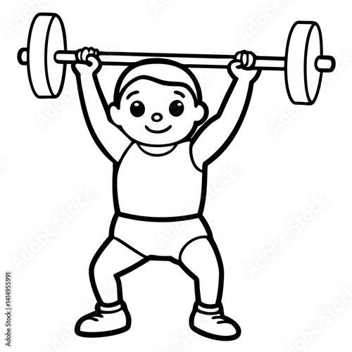 Line art vector silhouette of a baby performing a clean and jerk, with the barbell being lifted above the head