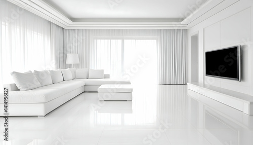 Minimalist white living room with sectional sofa, ottoman, and large TV . Generative AI